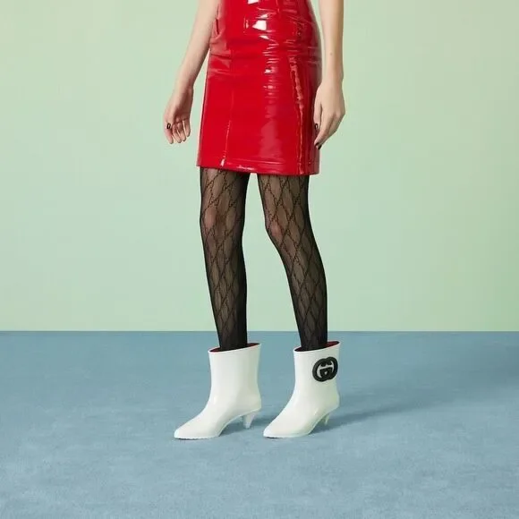 Gucci Women's Rubber ankle Rain Boot with Interlocking G White Black 37 - Picture 10 of 10